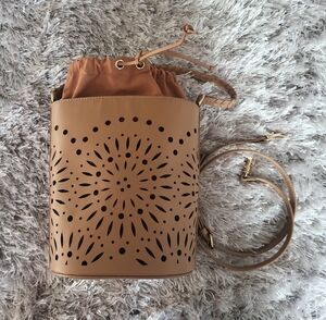 Chico's Tan Laser-Cut Bucket Crossbody with Drawstring Liner